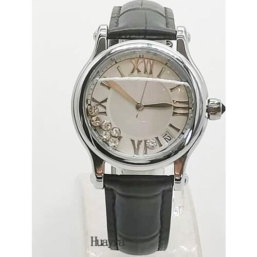 36mm womens shining high quality black strap leather 7 stream diamond grain white dial womens quartz watch date