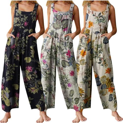 Women Summer Jumpsuit Leaf Floral Print Square Neck Sleeveless Casual Overalls with Pockets for Girls 3 Colors