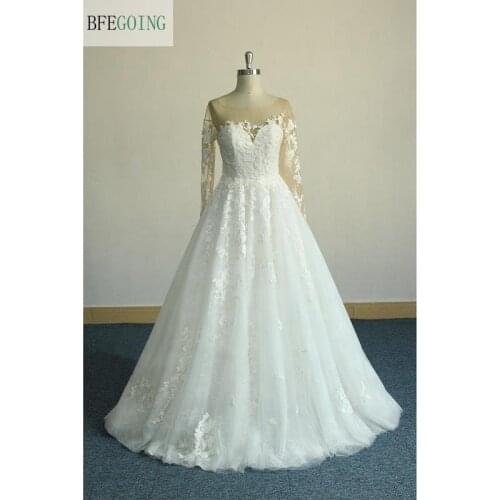 Ivory Tulle Lace Appliques Long Sleeves Floor-Length A-Line Wedding Dress Chapel Train Custom Made