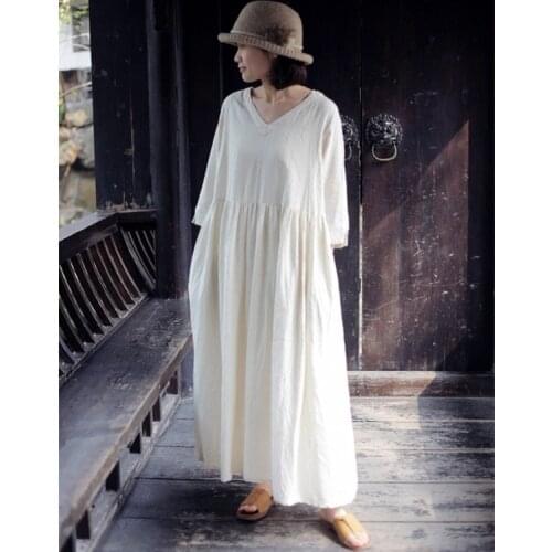 Women Loose Solid Color Half Sleeve Cotton Linen Dress Ladies Summer Retro Dress Female 2020 Dresses