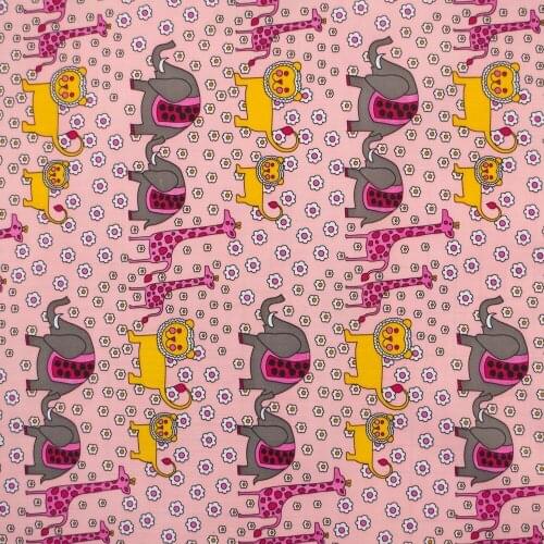1 yard Polyester/PVC coated Waterproof Fabric for bag, Elephant, Giraffes, Lion on pink background (width=140cm)
