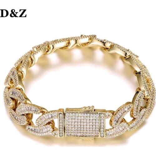 D&Z 15mm Baguette Cuban Link Bracelet Spring Buckle Bling Iced Out Cubic Zirconia Bracelet With Solid Back For Men Jewelry