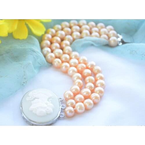 Wedding Woman Jewelry 3 Strands Pearl Bracelet 9-10mm Bright pink Real Natural Freshwater Pearl Bracelet Rose Clasp