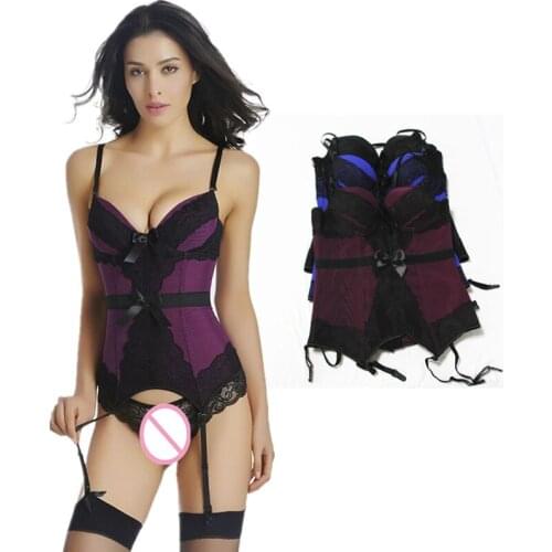 Sexy Bustier with cup Girdle Set with Straps Belt Breathable Fabric High Elasticity Lingerie Black Blue Purple underwear