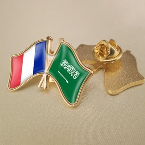 France and Saudi Arabia Crossed Double Friendship Flags Lapel Pins Brooch Badges