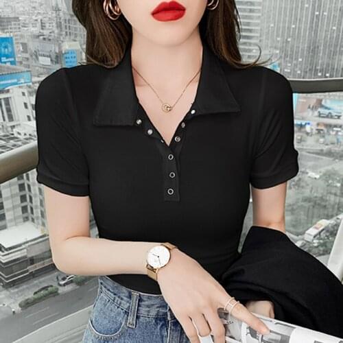 LJSXLS Fashion Button Turn-down Collar T-Shirts Female All-match Slim Short Sleeve Tees Womens Black Summer Clothes For Women