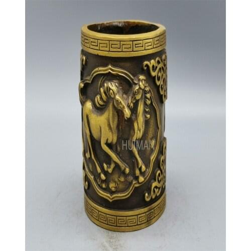 China Brass Statue Luck Wealth Horse Pen Holder Metal Crafts Home Decoration