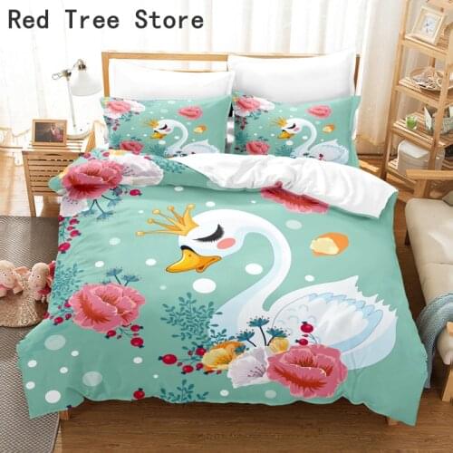 White Swan Cartoon 3D Print Bedding Set for Kids Baby Child 140x210cm Princess Quilt Duvet Cover Pillowcase Bed Linen Bedclothes
