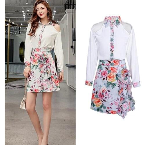 Korea Ladies Good Quality 2 Piece Set Chic Off Shoulder Blouse Women Tops And Ruffles A-Line Skirt Suit Women Clothing SL026