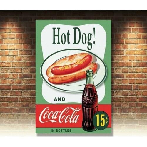 METAL SIGN WALL PLAQUE - HOT DOG AND Coca Cola - Vintage Retro Poster Art Print