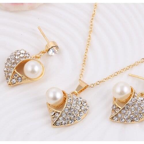 Fashion Heart Shape Jewelry Sets Crystal Gold Color Chain Simulated Pearl Earrings Necklace Female Wedding Banquet Jewelry