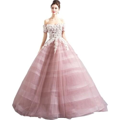 Ruthshen New Charming 3D Handmade Flowers Prom Dresses Off The Shoulder Sleeves Ball Gown Party Dress Special Occasion Gowns