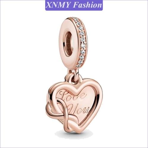 New Original Rose Gold Color Love You Infinity Heart Dangle Charm Fits European Pandora Bracelets and Necklaces DIY Jewelry Gift