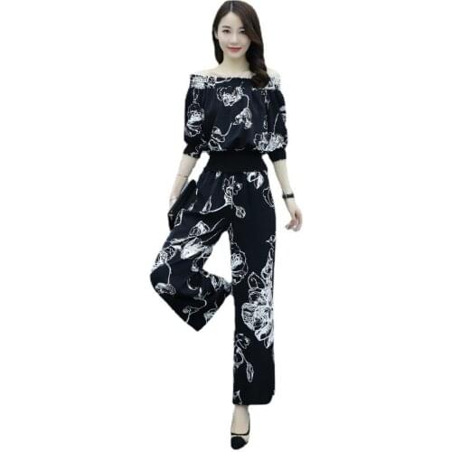 New style foreign flower pants professional suit summer fashion temperament was thin wide-leg pants two-piece female