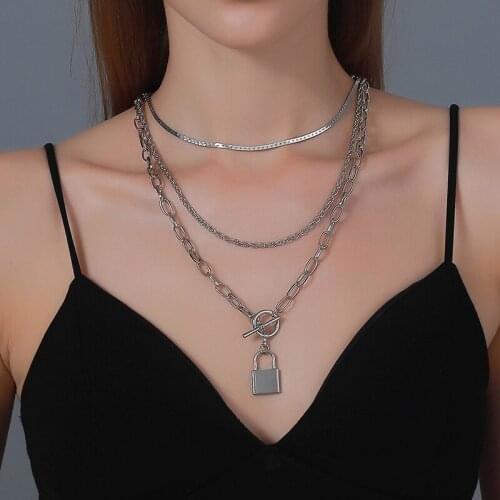 Punk Multilayer Lock Pendant Necklace Silver Color OT Buckle Necklaces for Women Aesthetic Gothic Neck Clavicle Chain Jewelry