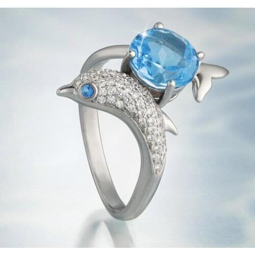 Romantic Silver Color Dolphin Women Dance Party Finger Ring with Blue Eye Body Full Paved CZ Stone Cute Ocean Animal Ring
