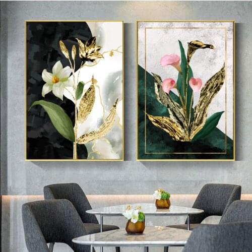 Modern Golden Flowers Vintage Abstract Oil Painting Printed on Canvas Posters Wall Picture for Living Room Gallery Home Decor
