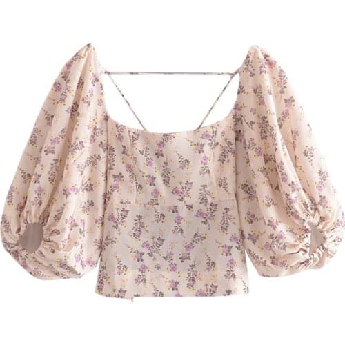 YENKYE Sweet Floral Print Sexy Backless Crop Top Women Square Neck Lantern Sleeve Tops New Fashion Holiday Summer Blusas