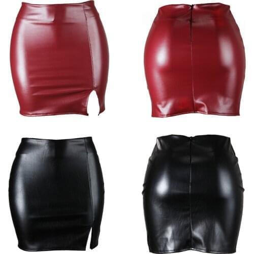 Plus Size Skirts Women High Waist PU Leather Bodycon Pencil Skirt Ladies Solid Skinny Zipper Back Side Slit Miniskirt Clubwear