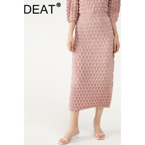 DEAT Woman Pleated Skirt Solid Shell Folds Elastic High Waist Mid Calf Length Casual Style 2021 New Summer Fashion 15XM496