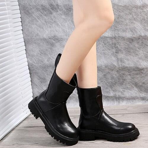 Womens Black Ankle Boots Pu Leather Fashion Round Toe Ladies Short Boots Platform Elegant Soft Shoe Female Footwear Autumn 2021
