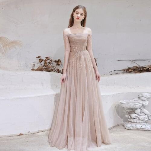 Beauty Emily Elegant Shiny Sequined Off the Shoulder Evening Dresses Lace Up Back Prom Gowns For Women 2021 New Tulle Vestidos