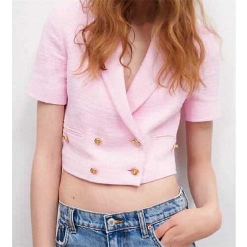 ZXQJ Women 2021 Fashion With Buttons Tweed Cropped Blazer Coat Vintage Long Sleeve Female Outerwear Chic Veste Female