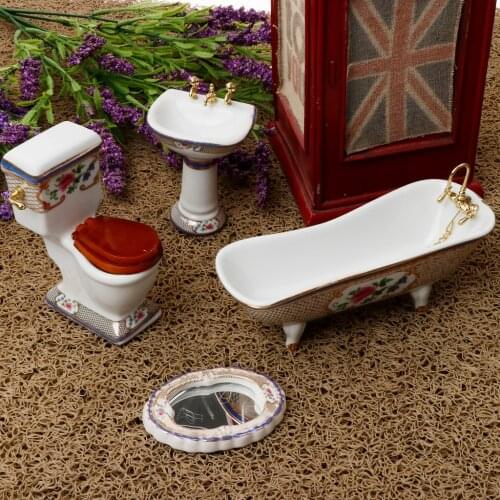 1/12 Dollhouse Miniature Bathroom Furniture Kits Flower Pattern Bathtub and Toilet Set