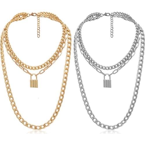 Layered Punk Chain Necklace Lock Pendant Necklace Women Men Choker Metal Padlock Chains Goth Jewelry Grunge Aesthetic Accessory