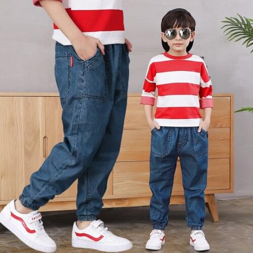 2019 Big Boys Jeans Cotton Fashion Teen-age High Quality pencil pants Elastic Trousers Full Length Appliques Size 100-160