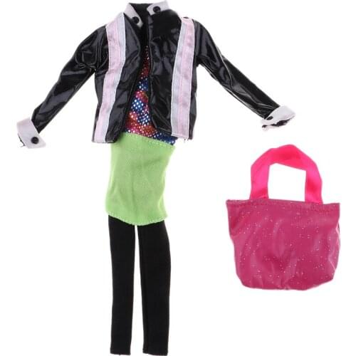 4Pieces Doll Outfit Clothing Accessory Leather Jacket Coat Tube Top Dress Leggings Pants Bag For Dolls 30cm
