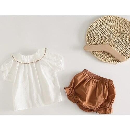 2021 new baby white embroidered shirt + short-sleeved pants suit summer two-piece baby shirt fashion clothes