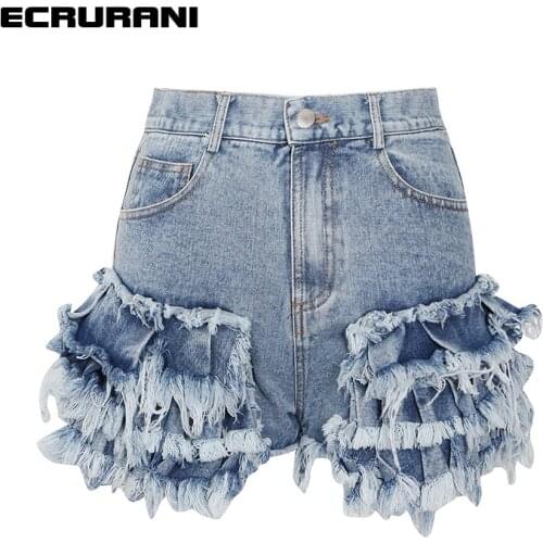 ECRURANI Blue Patchwork Denim Shorts For Women High Waist Tassels Asymmetric Casual Short Pants Female 2021 Summer Fashion Style