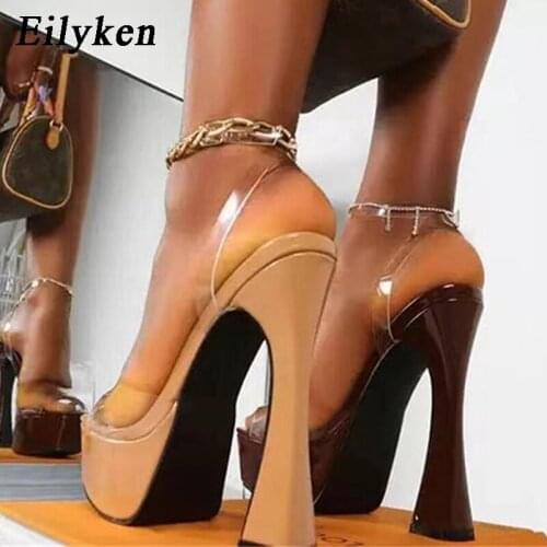 Eilyken 2021 Novelty Square Toes Platform Sandals Fashion PVC Transparent Buckle Straps Women Party High Heels Shoes