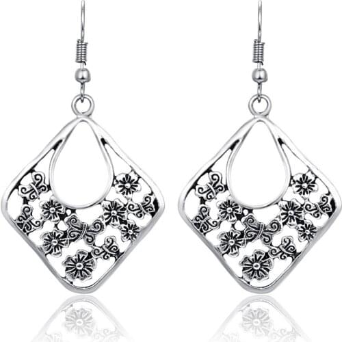 HC Vintage Hollow out Square Drop Special Geometric Dangle Earrings Women Bohemia Jewelry Retro Earrings Ethnic Indian Jewelry W