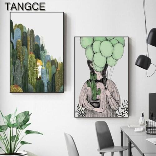 Nordic Plant Girl Balloon Cactus Canvas Painting Poster and Print Green Wall art for Living Room Cactus Decoracion Anime Tableau