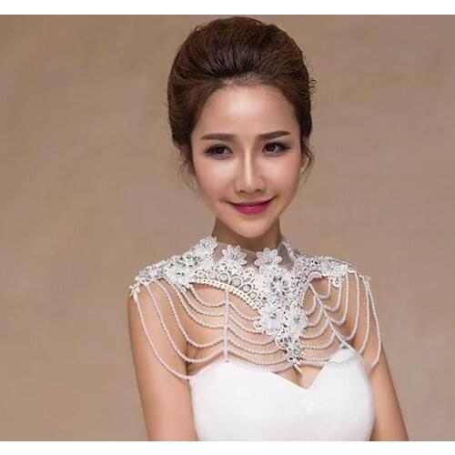 Classic wedding Bride lace handmade pearls crystal beads shawl dress neck shoulder chain big necklace Jewelry for women
