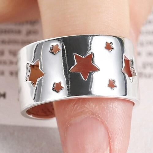 Creative Five-pointed Star Hollow Wide Face Copper Open Ring For Women Engagement Wedding Party Adjustable Rings Jewelry