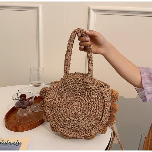 Round Hollow Woven Bag Womens Shoulder Bag Casual Vacation Beach Straw Bag Designer Hair Ball Handbag and Purse Female Tote Bag