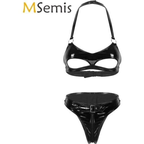 Latex Womens Bikini Lingerie Set Halter Open Bra+High Cut Zipper Booty Panties Exotic Stripper Dance Wet Look Leather Underwear