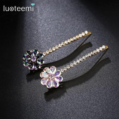 LUOTEEMI Fashion Shinning Teardrop Rainbow Cubiz Zirconia Barrettes Women Hairpins For Girls Ornaments Hairclip Hair Accessories