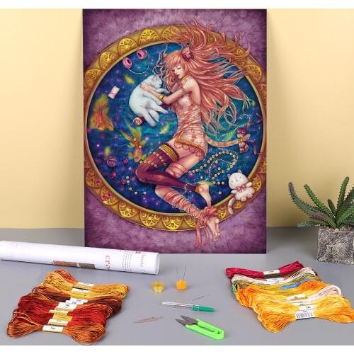 Cartoon Girl Woman Printed Water-Soluble Canvas 11CT Cross Stitch Kit DIY Embroidery DMC Threads Needlework Decor
