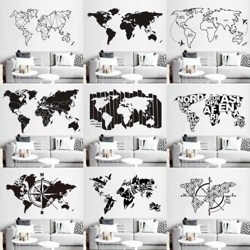 Wall Sticker Decal World Map for House Living Room Decoration Geometric Stickers Bedroom Decor Compass Wallpaper Mural Poster