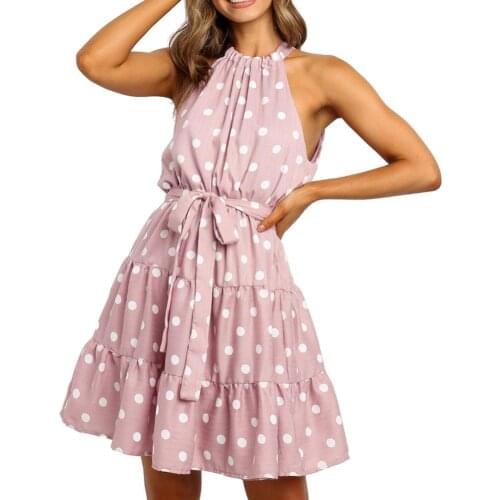 Sexy Women Dresses Sleeveless Ruffled Halter Dots Print Waist Belt A Line Mini Summer Dress robe femme Clothing топик женский