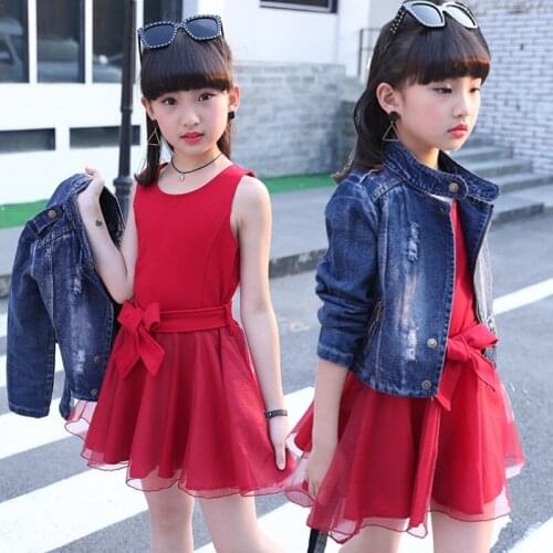 Girls Dress Two-Piece Long 2021 Spring Autumn Denim Jacket Single-Breasted Net Yarn Skirt Suit Children Clothing 4-15 Years Old