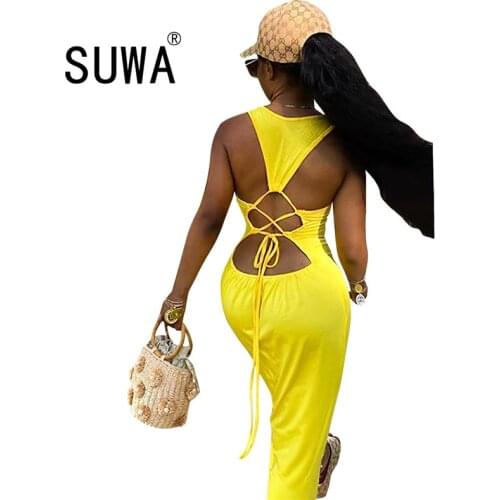 Sexy Long Backless Dress Women Lace Up Night Club Party Beach Dresses Ladies Sleeveless Maxi Beach Sundress Yellow Blue Vestidos