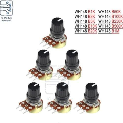 5Pcs WH148 Potentiometer Resistor 1K 5K 10K 20K 50K 100K 500K ohm 3Pin Linear Taper Rotary Potentiometer for Arduino + White Cap