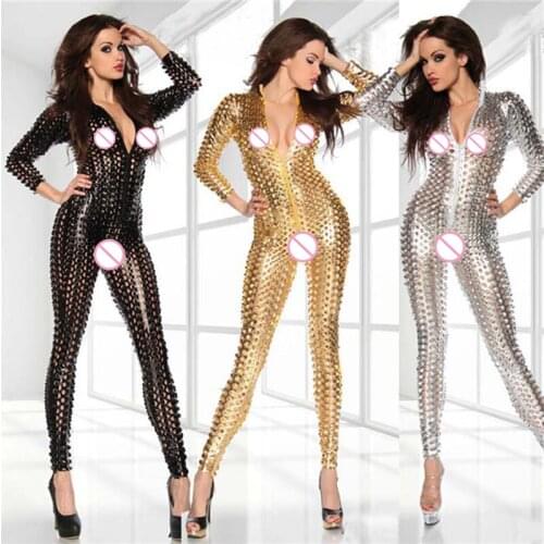 Plus Size Hollow Out Sexy Bodysuit Faux Leather Shiny DJ Dance Costume Fetish Clubwear PVC Jumpsuit Erotic Latex Catsuit FX43