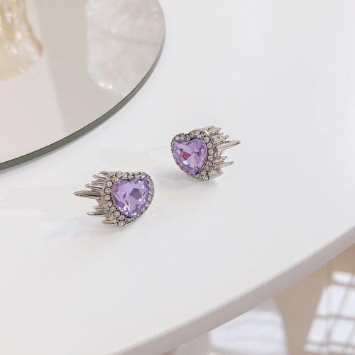 Temperamental Purple Rhinestone Heart-shaped Earrings Creative Lifelike Windy Semi-precious Stones Stud Earrings All-matching