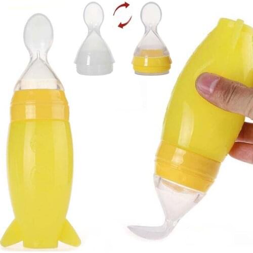 120ml Silicone Baby Feeding Bottle With Spoon Food Supplement Rice Cereal Bottle Baby Squeeze Spoon Silica Gel Spoon